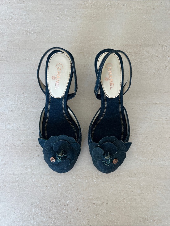 CHANEL Shoes - CHANEL Navy Denim Camellia Slingback Heels